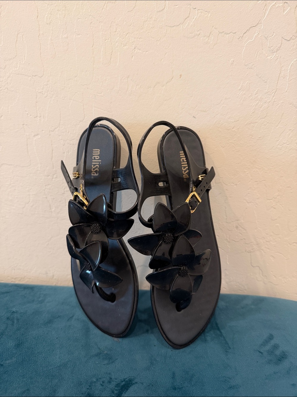 Melissa Black Floral Jelly Slingback Sandals with Gold Buckles